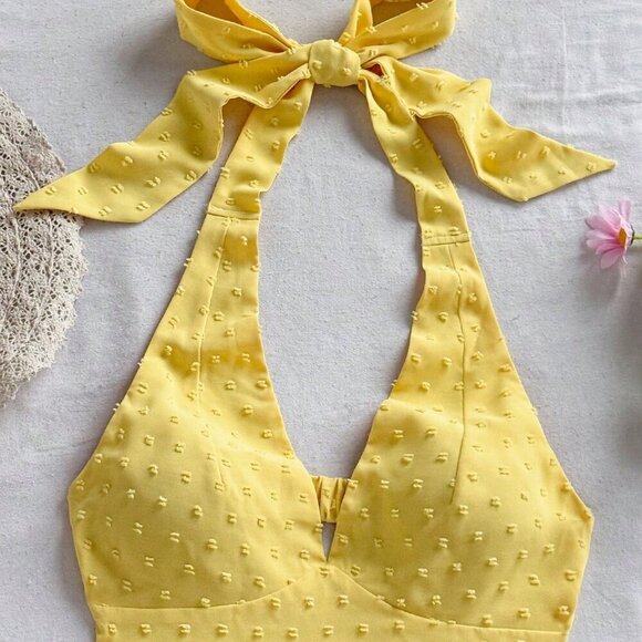 Yellow Boho Women's Textured swiss dot Mini Bodycon romper Beach - Picture 6 of 8